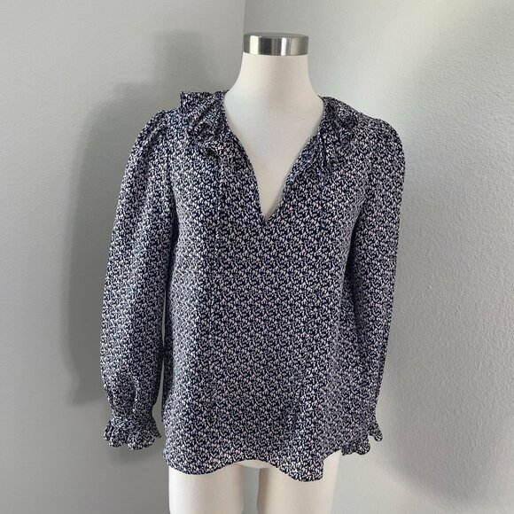 Rebecca Taylor Womens 6 Blouse 100% Silk Ruffle Shirt Long Sleeve Front Neck Tie - Picture 1 of 11